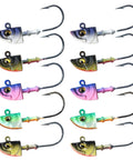 Straight Fire Swimbait Jig Heads With Realistic 3D Eyes And Tough High Carbon Steel Hooks In The Ten Pack For Saltwater Fishing viewed from various angles.