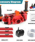 Electric Orbital Angle Grinder Tile Cutter For Large Ceramic Porcelain Tiles Up To 124 Inches With Pro Grade Precision And A Smooth Cut Every Time Ideal For Contractors And DIY Pros, accessory diagram with rail, pump, nozzle