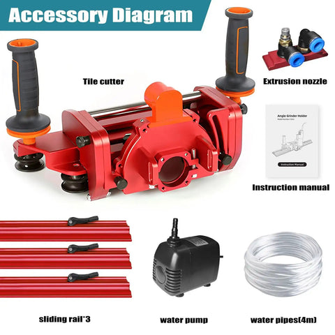 Electric Orbital Angle Grinder Tile Cutter For Large Ceramic Porcelain Tiles Up To 124 Inches With Pro Grade Precision And A Smooth Cut Every Time Ideal For Contractors And DIY Pros, accessory diagram with rail, pump, nozzle