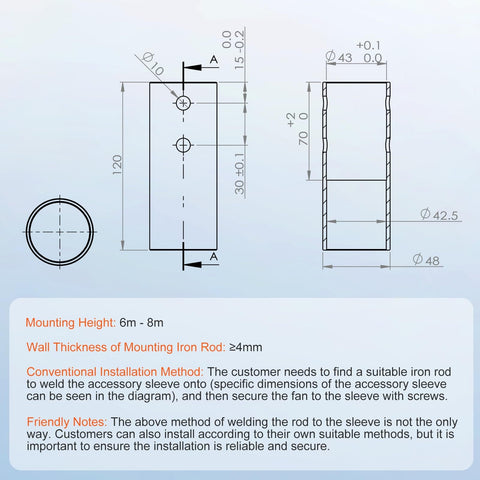 Technical diagram of mounting iron rod sleeve, 6m-8m height instructions for 500W Wind Turbine Kit With MPPT Controller And 5 Blade Power Generator, 12V System, Adjustable Wind Direction, Starts At 2.5m/s, Off Grid Power For Home, Farm, RVs, And Boats.
