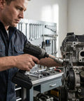Man using a drill with Two Piece Backup RV Jack Socket Drill Adapter With One Quarter Inch Quick Connect Hex Shank in workshop.