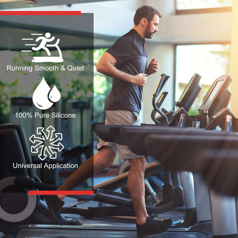 Man jogging on treadmill with text promoting Silicone Treadmill Belt Lubricant 200ml For Full Belt Width 100 Percent Pure Silicone Oil.