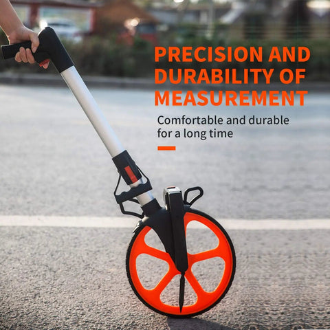QERTYHKK Measuring Wheel Distance Measurement Tools Mechanical with orange wheel on pavement for precise measurements.