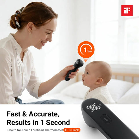 No Touch Forehead Thermometer For Adults Kids And Babies Infrared Temperature Checker With Non Contact Sensing And 1.18 Inch Range For Quick Accurate Readings PT3 Black, used on baby forehead