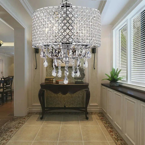 Chrome Finish 4 Light Round Drum Crystal Chandelier With Adjustable Cable Up To 80cm in elegant hallway