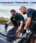 Two technicians installing 10 AWG 30 Ft Solar Panel Extension Cable Built To Last With Flame Retardant Protective Sleeving Twin Wire Solar Cable on roof