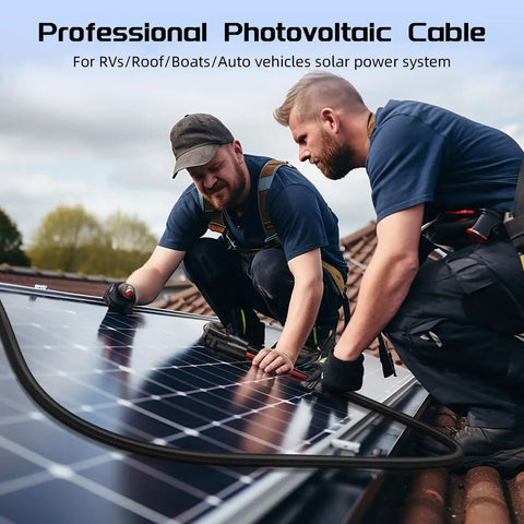 Two technicians installing 10 AWG 30 Ft Solar Panel Extension Cable Built To Last With Flame Retardant Protective Sleeving Twin Wire Solar Cable on roof