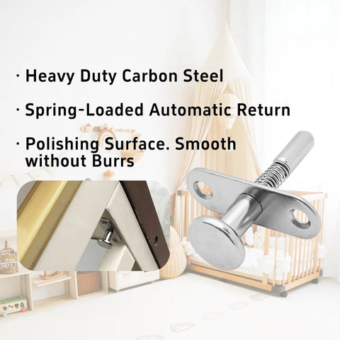 Straight Up Solid Carbon Steel Spring Loaded Plunger Latches Two Pack Heavy Duty Cabinet Bed Furniture Door Hardware with No Hassle Mounting Screws For Home Projects, showcasing spring-loaded design and polished surface.