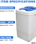 Compact Portable Washer For Small Spaces Perfect For Apartments, Dorm Rooms, And Tiny Homes With 8.8 Lb Capacity, 250W Power, Gentle Low Agitation Wash Cycle, Drain Hose Included, ETL Certified For Safe And Simple Laundry On The Go, shown with dimensions and specifications.