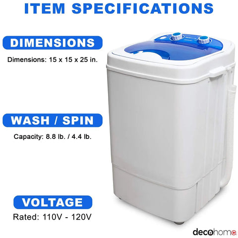 Compact Portable Washer For Small Spaces Perfect For Apartments, Dorm Rooms, And Tiny Homes With 8.8 Lb Capacity, 250W Power, Gentle Low Agitation Wash Cycle, Drain Hose Included, ETL Certified For Safe And Simple Laundry On The Go, shown with dimensions and specifications.