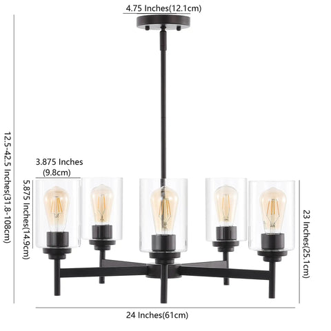 Oil Rubbed Bronze 24 Inch Five Light Iron Chandelier With Cylinder Glass Pendants For Kitchen Island And Dining Room