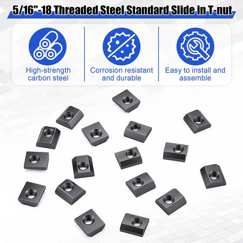 Bulk pack of 100 slide in T Nuts 15 series five sixteenths by eighteen UNC threaded steel T nuts for aluminum extrusion