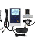 Auto Water Flow Controller Kit With LCD Display One Half Inch Flow Sensor Meter One Half Inch Solenoid Valve And 12V Power Plug And Play Setup Auto Shutoff At Your Set Flow Rate Real Time GPM Readout Works With Various Sensors. kit with display, sensor, valve, and 12V adapter