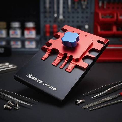 Metal Etching Sheet Bender Tool for Photo Etched Parts and Model Assembly on tabletop with tools nearby