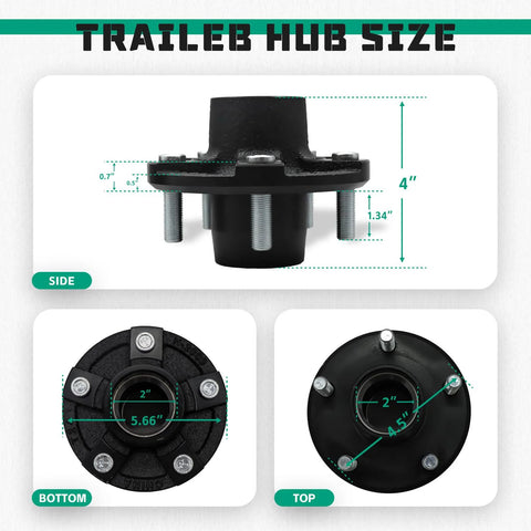 Trailer hub kit, 2-pack, 5-bolt 4.5-inch pattern with straight spindle wheel bearing kit; fits 1 in or 1-1/16 in spindles.