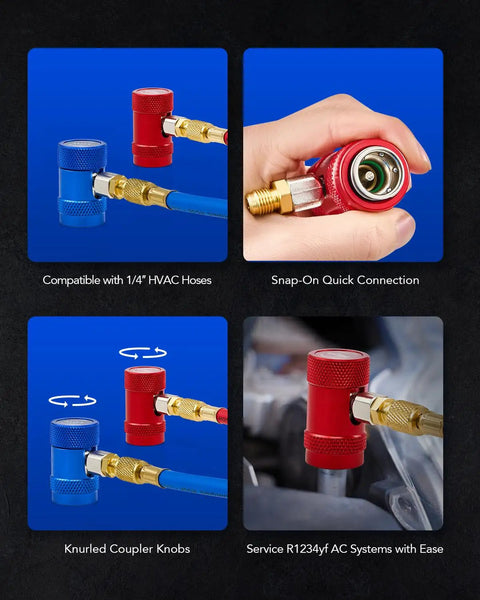R1234yf Quick Couplers Kit with Self Sealing Taps, showing red and blue couplers connected to HVAC hoses for diagnostics.