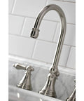 Governor Widespread Lavatory Faucet With Brass Pop Up And Metal Lever Handle In Brushed Nickel 8 Inch Spread Quarter Turn Ceramic Cartridge Drip Free Water Saver 1.2 GPM At 60 PSI California Title 20 Compliant Includes Mounting Hardware