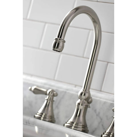 Governor Widespread Lavatory Faucet With Brass Pop Up And Metal Lever Handle In Brushed Nickel 8 Inch Spread Quarter Turn Ceramic Cartridge Drip Free Water Saver 1.2 GPM At 60 PSI California Title 20 Compliant Includes Mounting Hardware