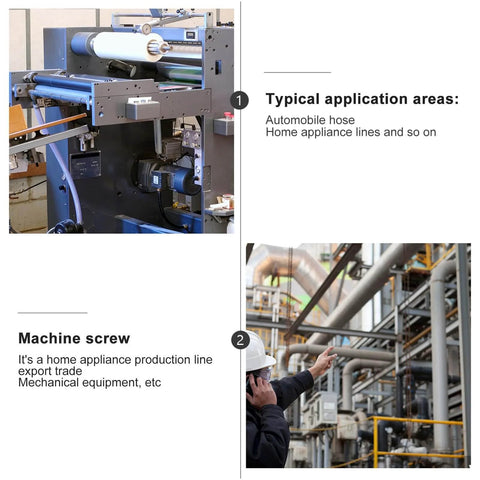 Industrial machinery with highlighted application areas for automobile hoses and home appliances, worker pointing at pipes.