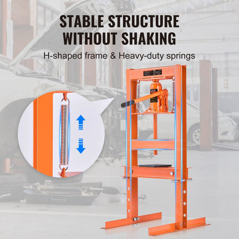 Heavy Duty 6 Ton H-Frame Hydraulic Shop Press For Garage Use with stable H-frame and heavy-duty springs in auto repair.