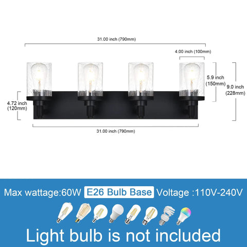 4 Light Vanity Light Fixtures For Bathroom Black Over Mirror Farmhouse Style Wall Lamps With Seeded Glass Shades dimensions