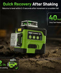 Pro Grade Laser Level 360 Self Leveling With Digital Angle Screen on rocky surface, displaying green lights and auto leveling feature.