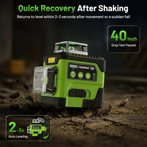 Pro Grade Laser Level 360 Self Leveling With Digital Angle Screen on rocky surface, displaying green lights and auto leveling feature.