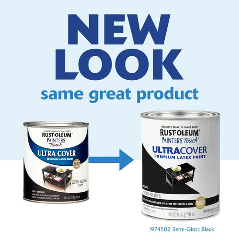 Painter's Touch Latex Paint In Semi-Gloss Black 32 Fl Oz Pack Of 2 showing new and old can designs side by side