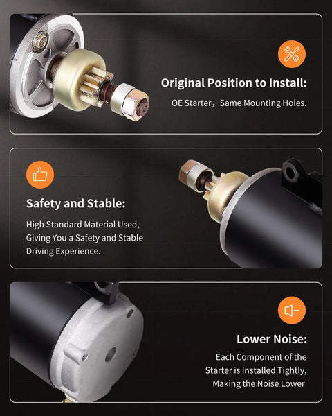 Heavy Duty 12V Outboard Starter For 150 To 235 HP Boats And Motors Easy Install 8-Tooth Pinion Direct Replacement For 2-Stroke Marine Engines Built To Last No Fuss Cranking Power And Smooth Starts with installation positions and safety features displayed.