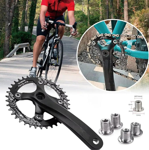 104 BCD Chainring 40T To 52T CNC 7075 Aluminum Narrow Wide Design for MTB and Road Ebike shown on a bicycle with chain retention.