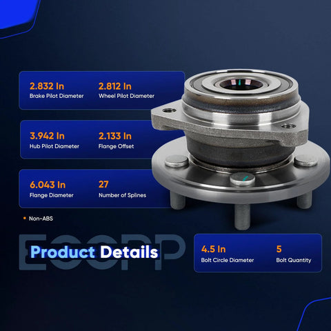 Front Wheel Hub Bearing Assembly For Jeep Cherokee Comanche Grand Cherokee Grand Wagoneer TJ Wrangler 4x4 5 Lug 4WD With ABS Replacement Fits 1989 To 1999 showing dimensions and specifications
