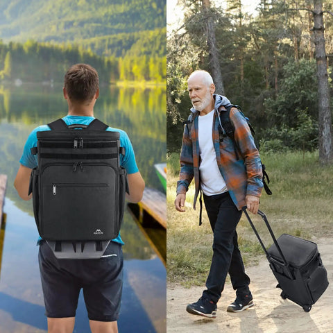 Man with Rolling Tackle Box With Cooler And Wheels, Large Saltwater Ready Fishing Backpack With Rod Holders, outdoors by lake and on trail