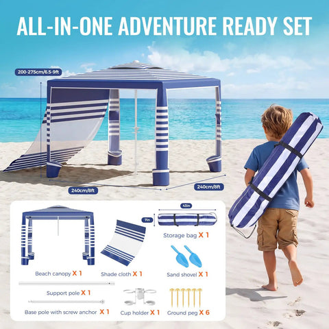 8 X 8 Ft Pop Up Beach Canopy Tent For 6 To 8 People With UPF 50 Plus Sun Protection Sidewall Wind Resistant Frame on beach