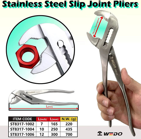 WEDO stainless steel groove-joint pliers, 12-inch adjustable water pump pliers with slip joint and V-jaw