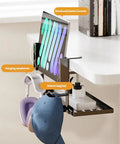 Chill Out The Cord Mess With This Heavy Duty Under Desk Cable Organizer with tablet, hats, and earphones hanging.