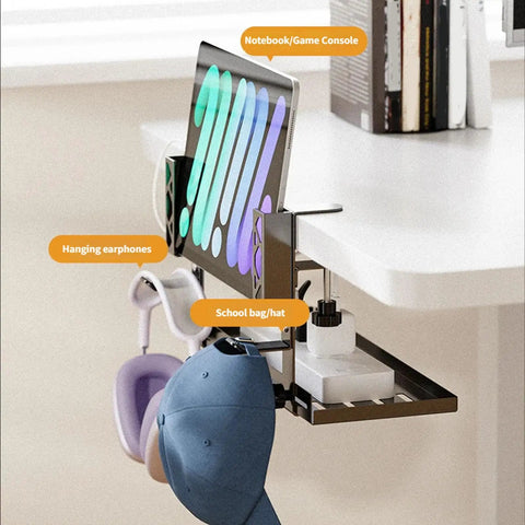 Chill Out The Cord Mess With This Heavy Duty Under Desk Cable Organizer with tablet, hats, and earphones hanging.