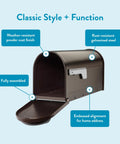 Winston Post Mount Mailbox in rubbed bronze, open view showing weather-resistant powder coat and rust-proof galvanized steel.