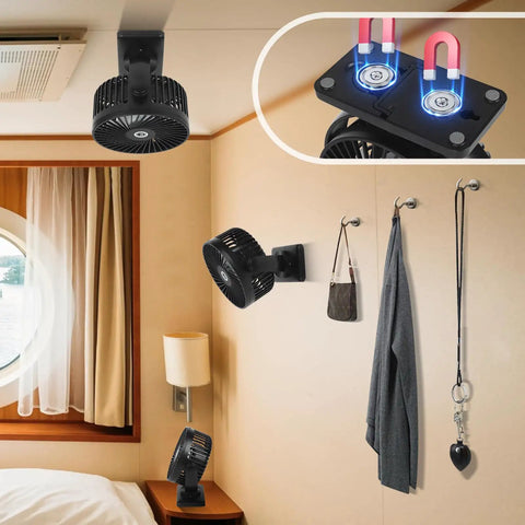 6 Inch Magnetic Cruise Fan With 12000mAh Rechargeable Battery Portable Power Bank LED Light installed on various surfaces