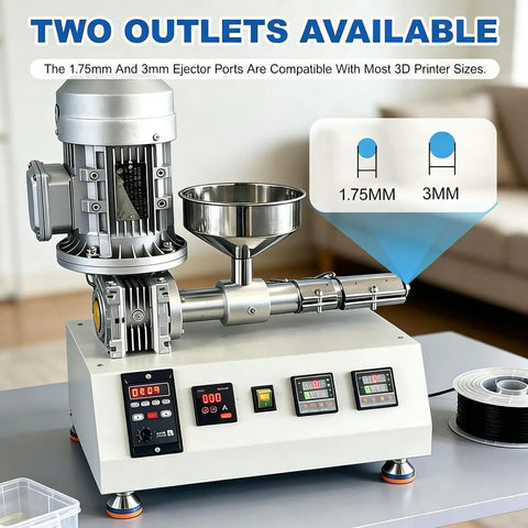 Heavy Duty Desktop 3D Filament Maker Machine Featuring Snappy PID Temp Control And A Badass 1000W Extruder with dual ejector ports.