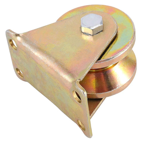 4 Pack 2 Inch V Groove Wheel With Bracket Heavy Duty Sliding Gate Wheel For Barn Doors Industrial Carts And Wire Rope Rail Supports Up To 2500 Lbs Total Load Capacity, shown with steel bracket and hex nut detail