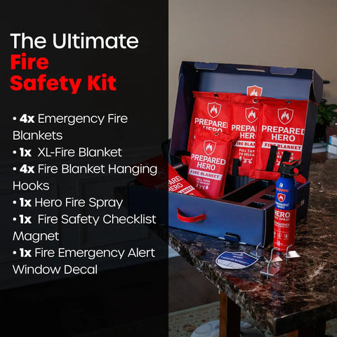 Open Ultimate Home Fire Safety Kit with Fiberglass Fire Blanket Pack, spray, hooks, magnet, and decal on table