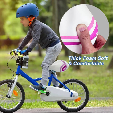 Boy riding bike with comfy kids bike seat replacement for 12 14 16 18 inch bikes soft foam saddle with back handle fits seatpost