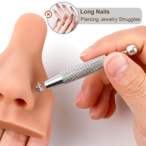 2 Pack Piercing Ball Grabber Tool For Changing Jewelry held near earring on silicone ear model, stainless steel handle