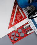 Upgraded Track Saw Guide Rail Square with precise angles on red metal for accurate woodworking cuts and quick setup.