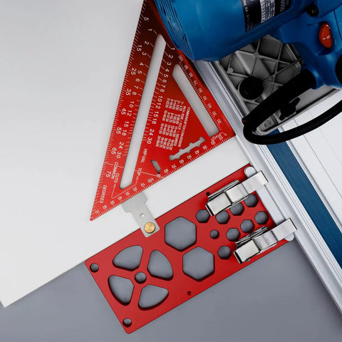 Upgraded Track Saw Guide Rail Square with precise angles on red metal for accurate woodworking cuts and quick setup.