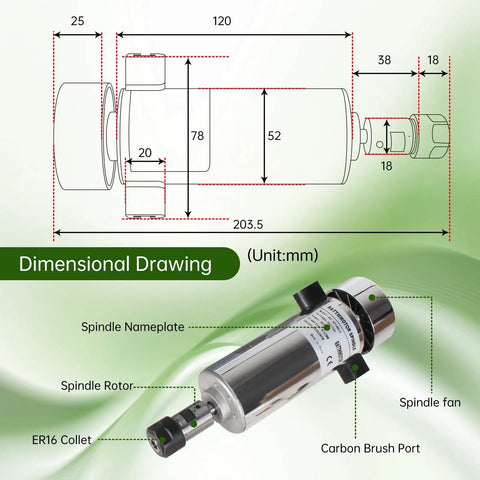 Beefy 800W CNC Spindle Motor Kit With 110V Air Cooled ER16 Spindle 20000RPM Mach3 Speed Controller Governor And Power Supply 52mm Mount Clamp For CNC Router Machine dimensional drawing and specifications
