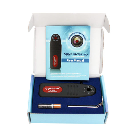 Hidden Camera Detector And Spy Camera Finder For Hotels And Travel in box with user manual, battery, and accessories.