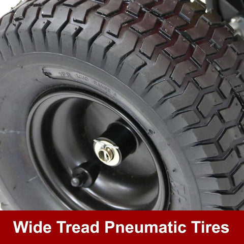 Wide tread pneumatic tire of the Beefy 80-Pound Capacity Professional Turf Spreader With Stainless Steel Frame SureSpread Technology.