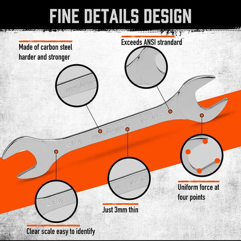 Detailed view of Slick Slim SAE Open End Wrench Set 9 Piece, Chrome Vanadium Steel, showcasing design features and measurements.