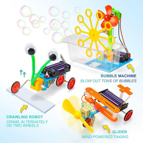 Six-In-One Robotics Science Kits For Kids Ages 8 To 12, STEM Building Toys With Bubble Machine, Doodling Robot, Balance Robot, Crawling Robot, Glider And Air Rocket For Hands-On Engineering Fun. bubble, crawling and glider robots